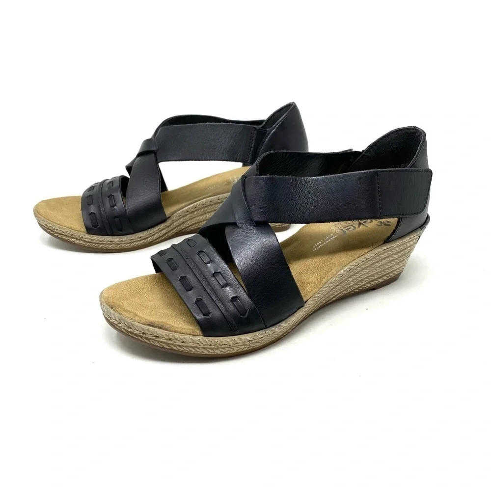 Rieker 62469-01 Fanni 69 Black Leather Wedge Sandal